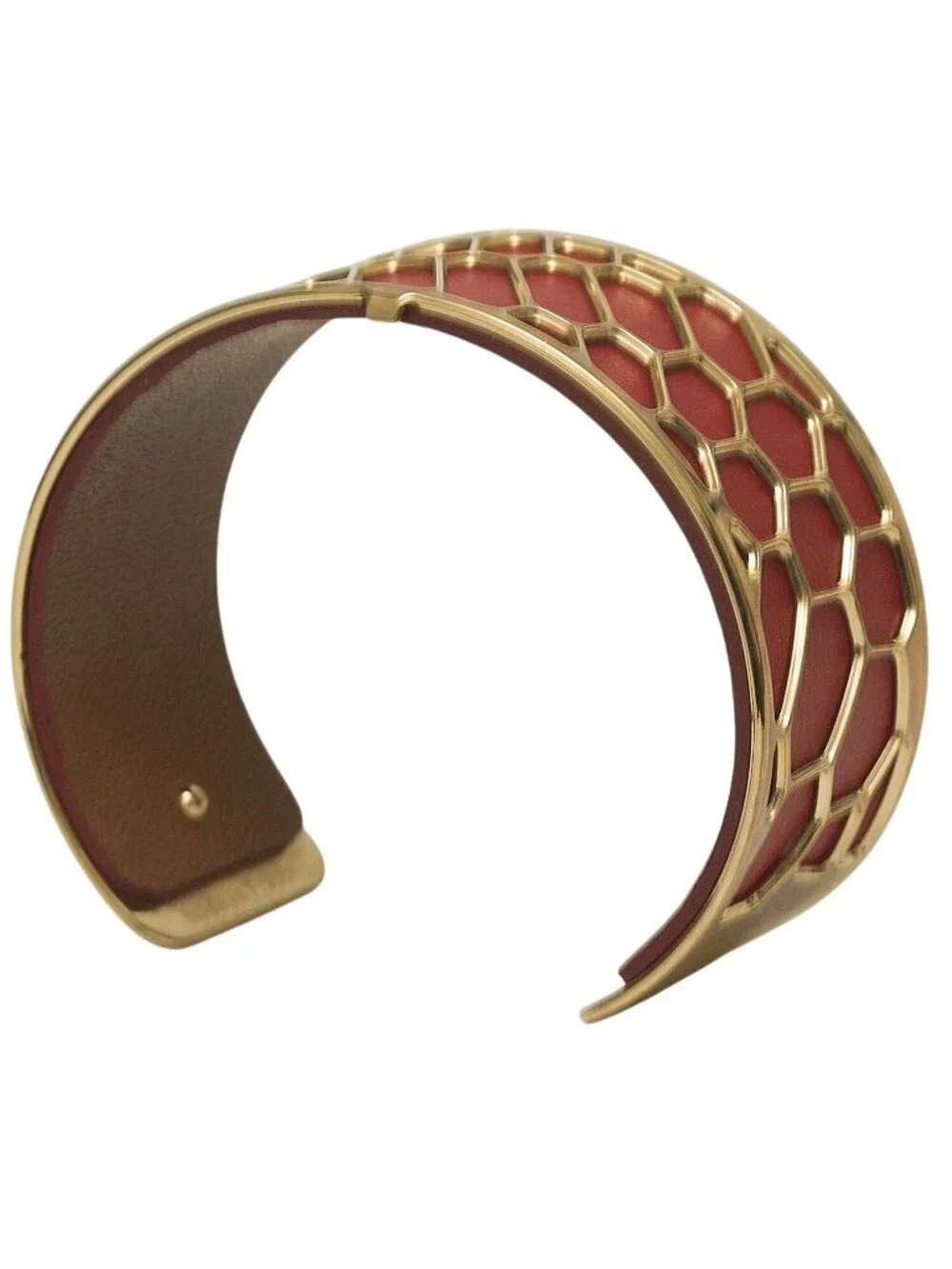 LES GEORGETTES Gold Plated Cuff Bracelet Red Leather Honeycomb Design France